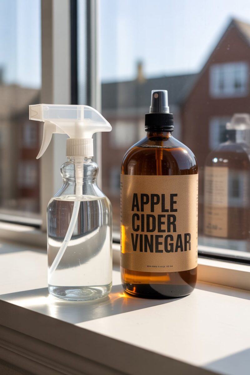 A spray bottle filled with a clear liquid next to a bottle of apple cider vinegar on a windowsill.
