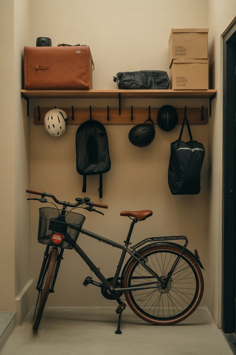 A storage room with hooks holding various items like bags and helmets, alongside a bike.