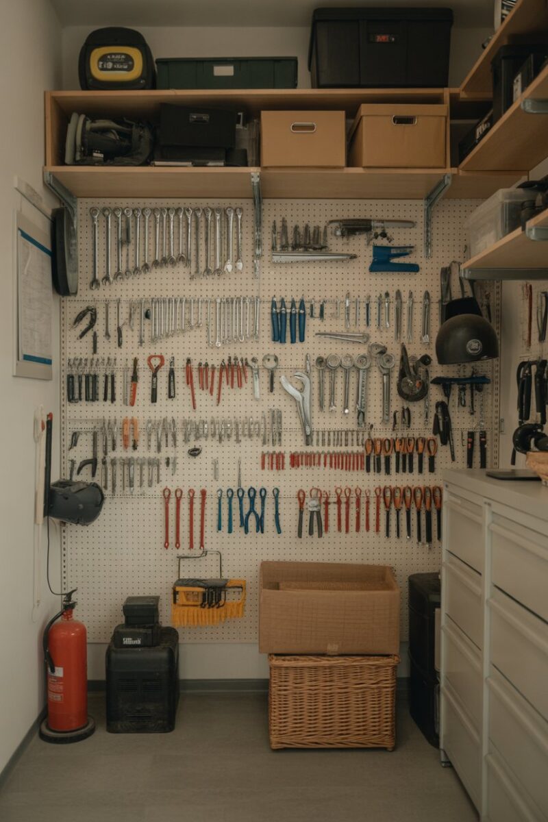 A storage room with small tools organized on a magnetic strip.
