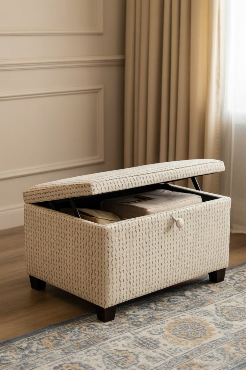 A stylish ottoman with a patterned design, partially open to reveal storage inside.