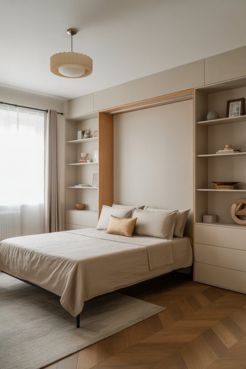 A stylish room featuring a Murphy bed folded up against the wall, showcasing a tidy and organized space.
