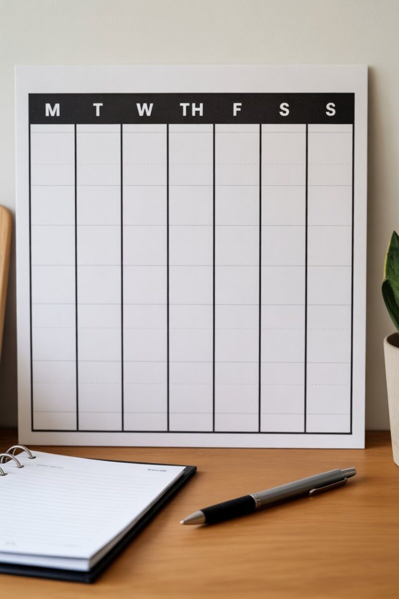 A weekly calendar with notes and a pen on a desk, symbolizing organization and planning.