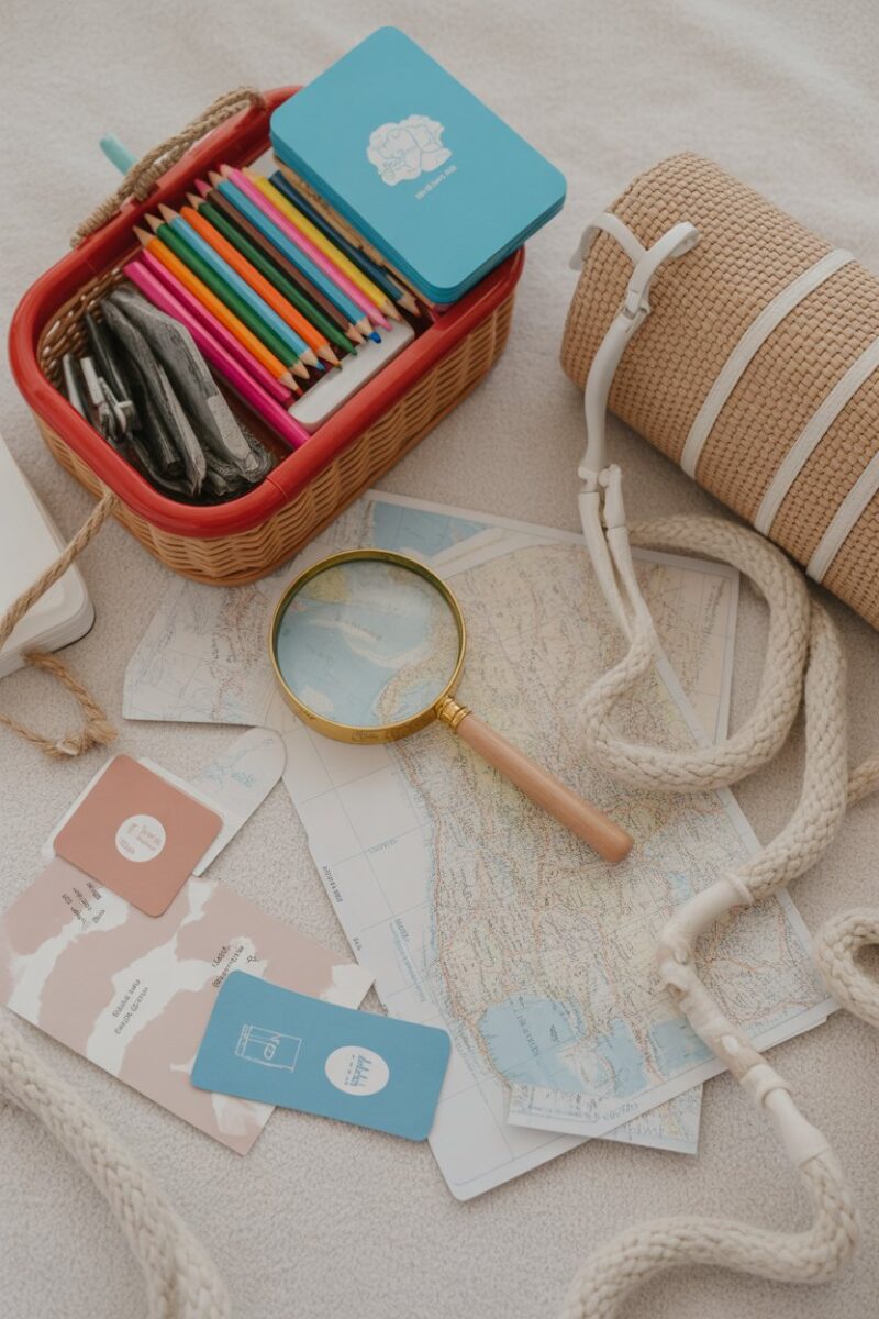 A travel activity kit with coloring pencils, cards, a magnifying glass, and a map.