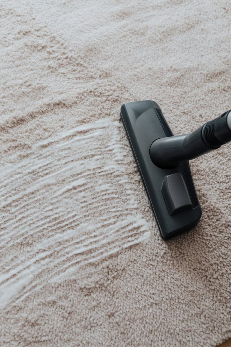 A vacuum cleaner on a carpet, showing clean lines where it has been used.