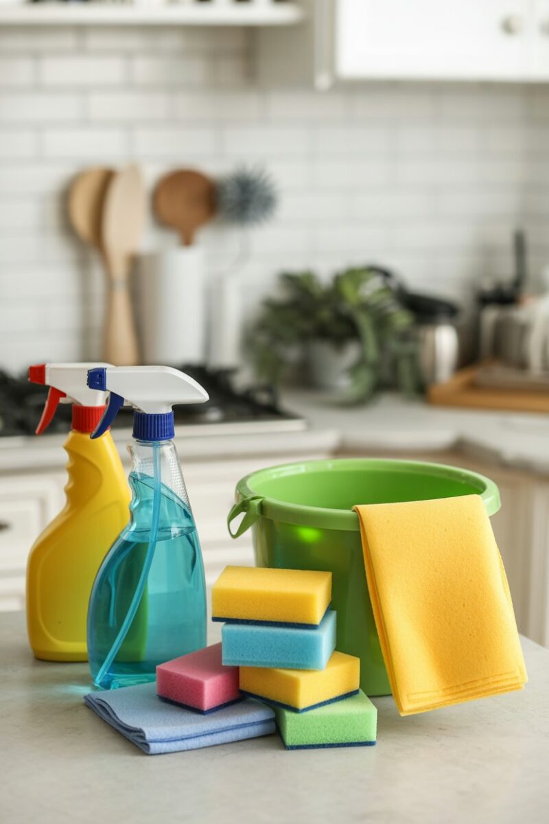 A variety of cleaning supplies including a spray bottle, sponges, and a bucket on a countertop.