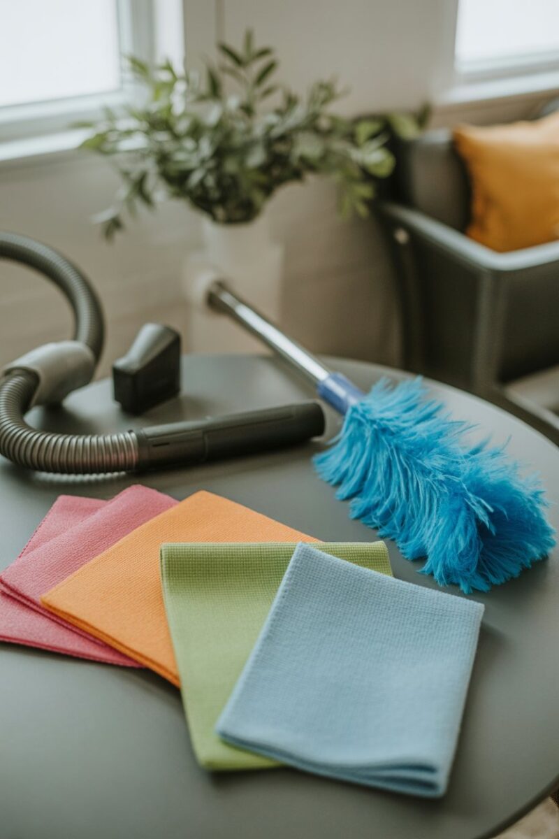 A variety of cleaning tools including microfiber cloths, a feather duster, and a vacuum hose on a table.