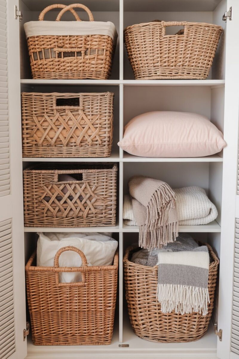 A variety of woven baskets stacked in a small closet, some filled with soft goods like blankets and pillows.