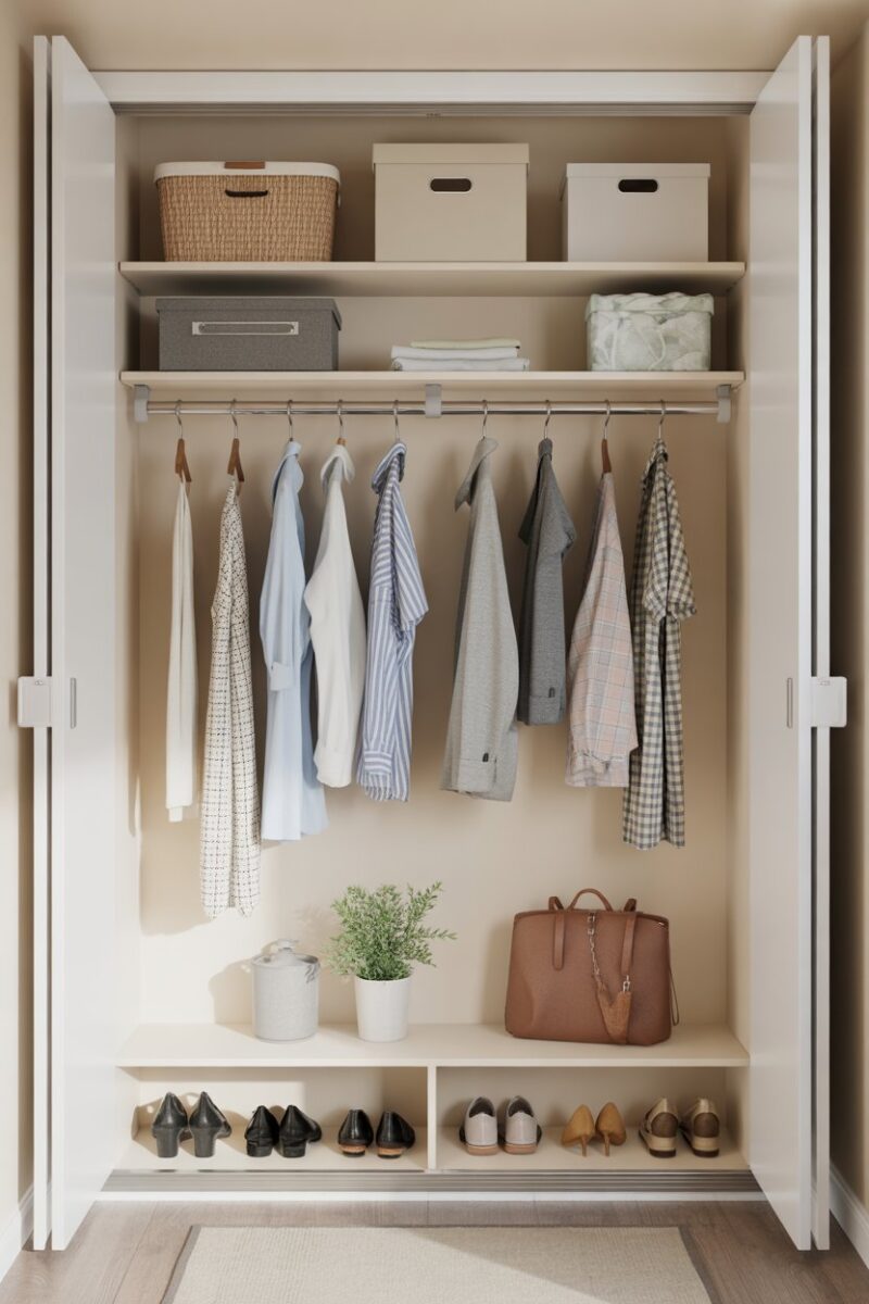 A well-organized small closet with over-the-rail storage, featuring hanging clothes, shoes, and bags.
