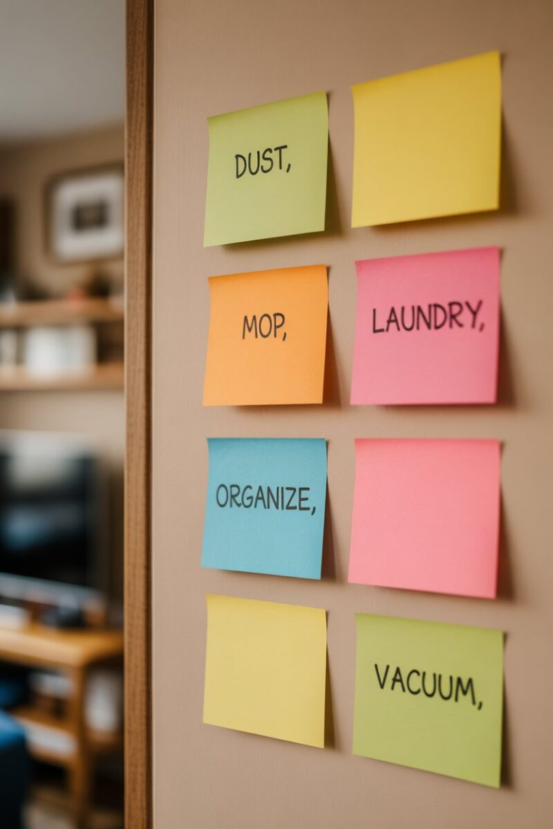A wall with colorful sticky notes serving as visual reminders for cleaning tasks.