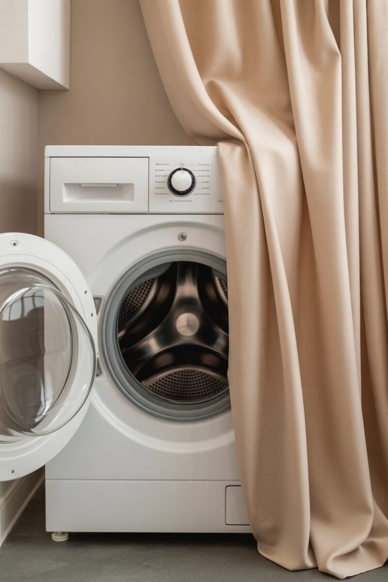 A washing machine with curtains draped over it, suggesting the task of washing curtains.