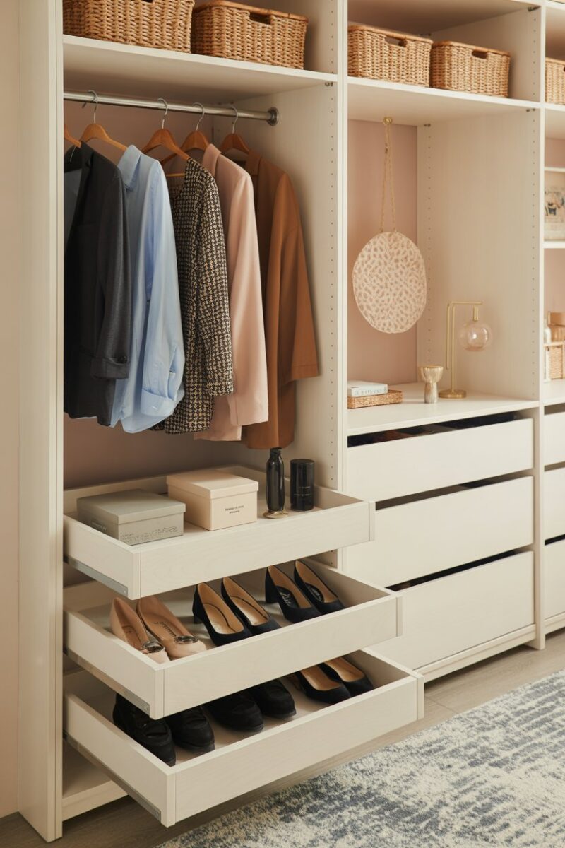 A well-organized closet featuring a pull-out rack with shoes and accessories.