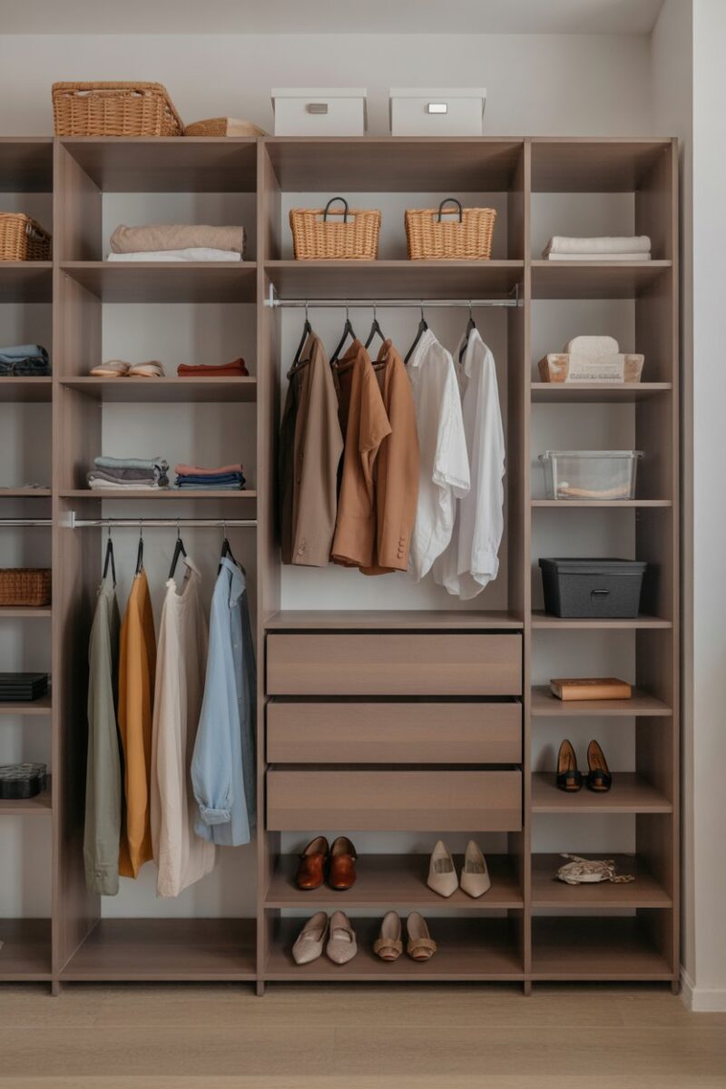 A well-organized closet with clothes on hangers and shoes neatly arranged.