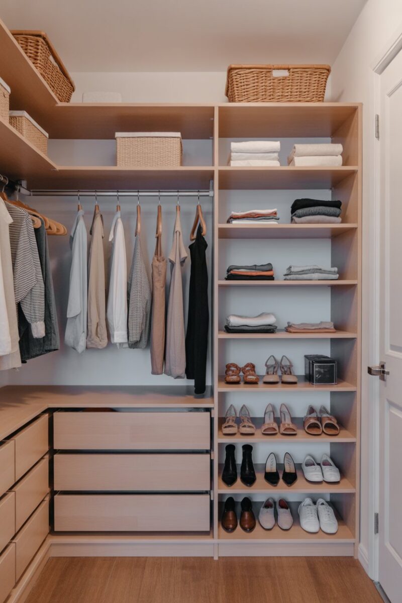 A well-organized closet with hanging clothes and neatly arranged shoes on shelves.
