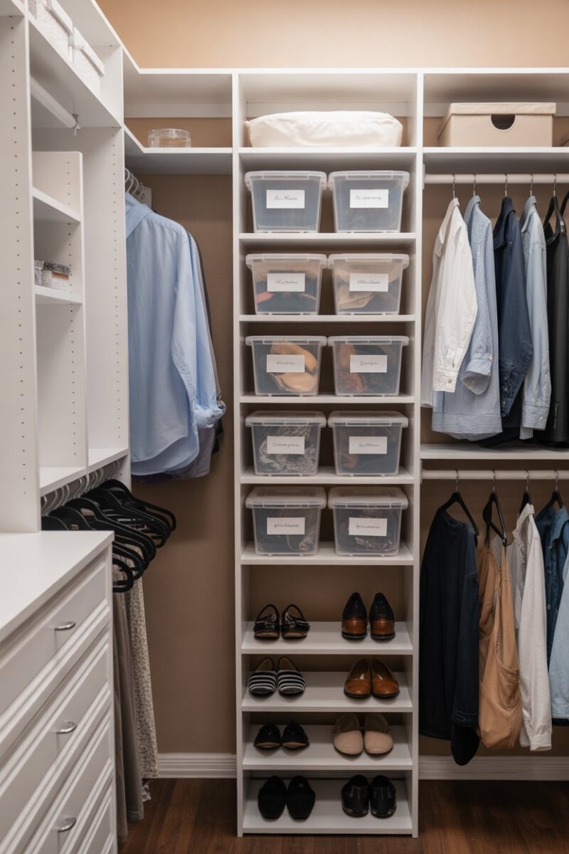 A well-organized closet with labeled containers and neatly arranged shoes and clothes.