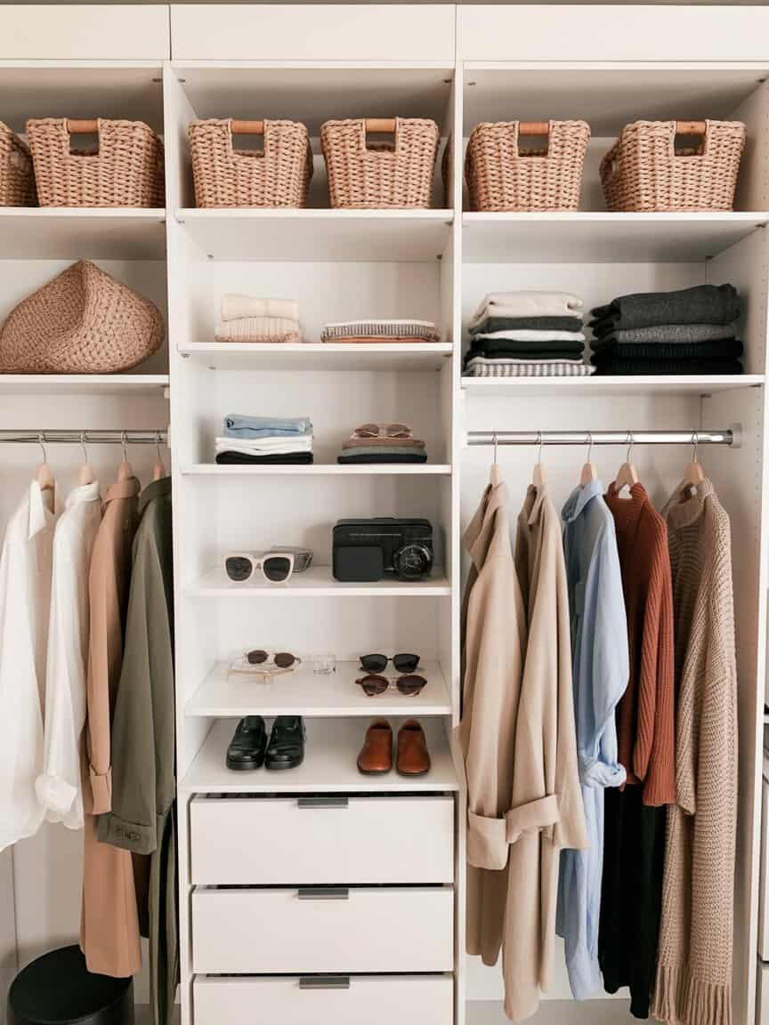 A well-organized closet with seasonal accessories like sunglasses, scarves, and sweaters.