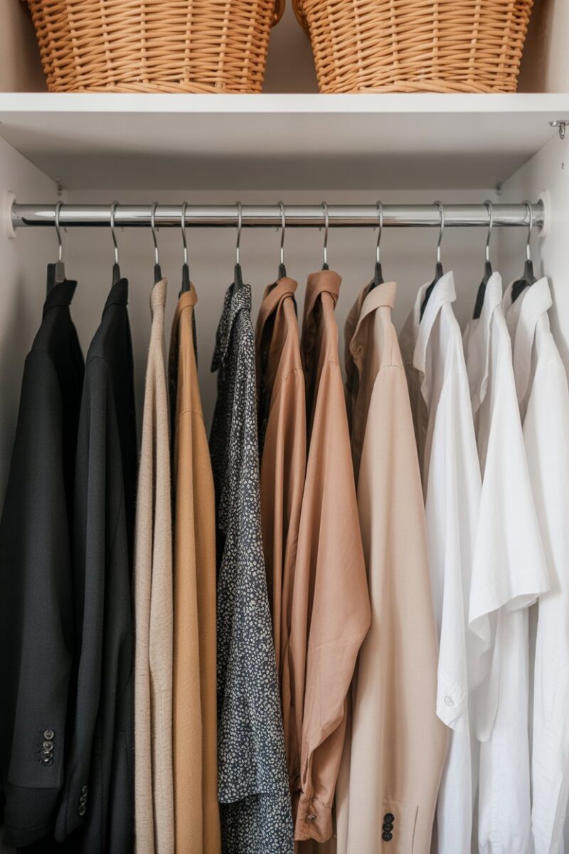 A well-organized closet with slim hangers holding various clothing items.