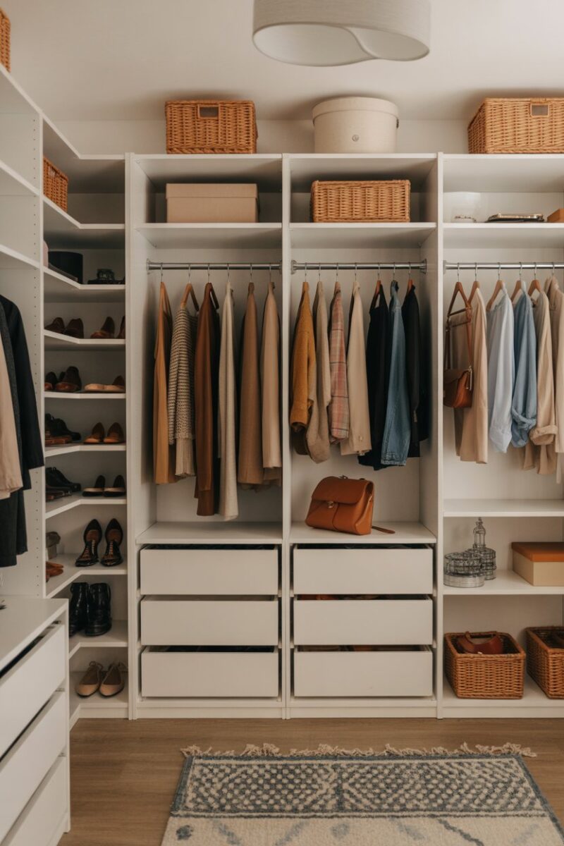 A well-organized closet with vertical dividers for shoes and bags.