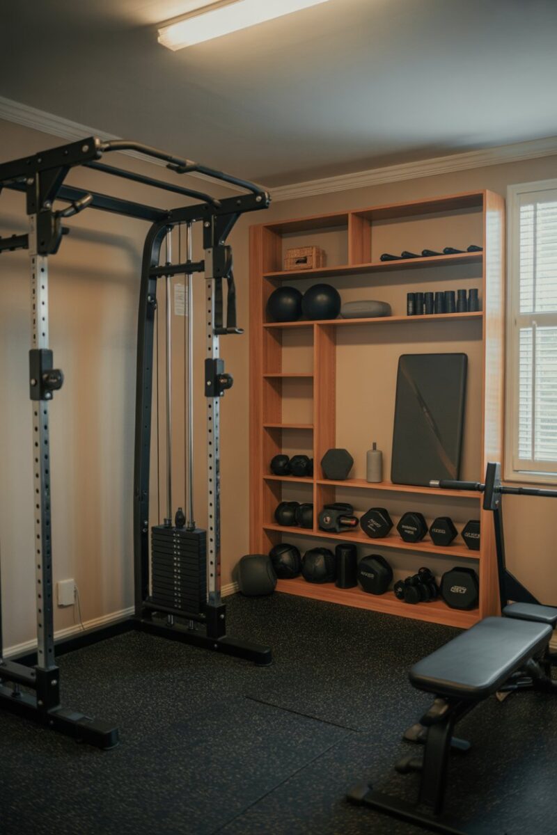 A well-organized home gym with shelves, weights, and exercise equipment.