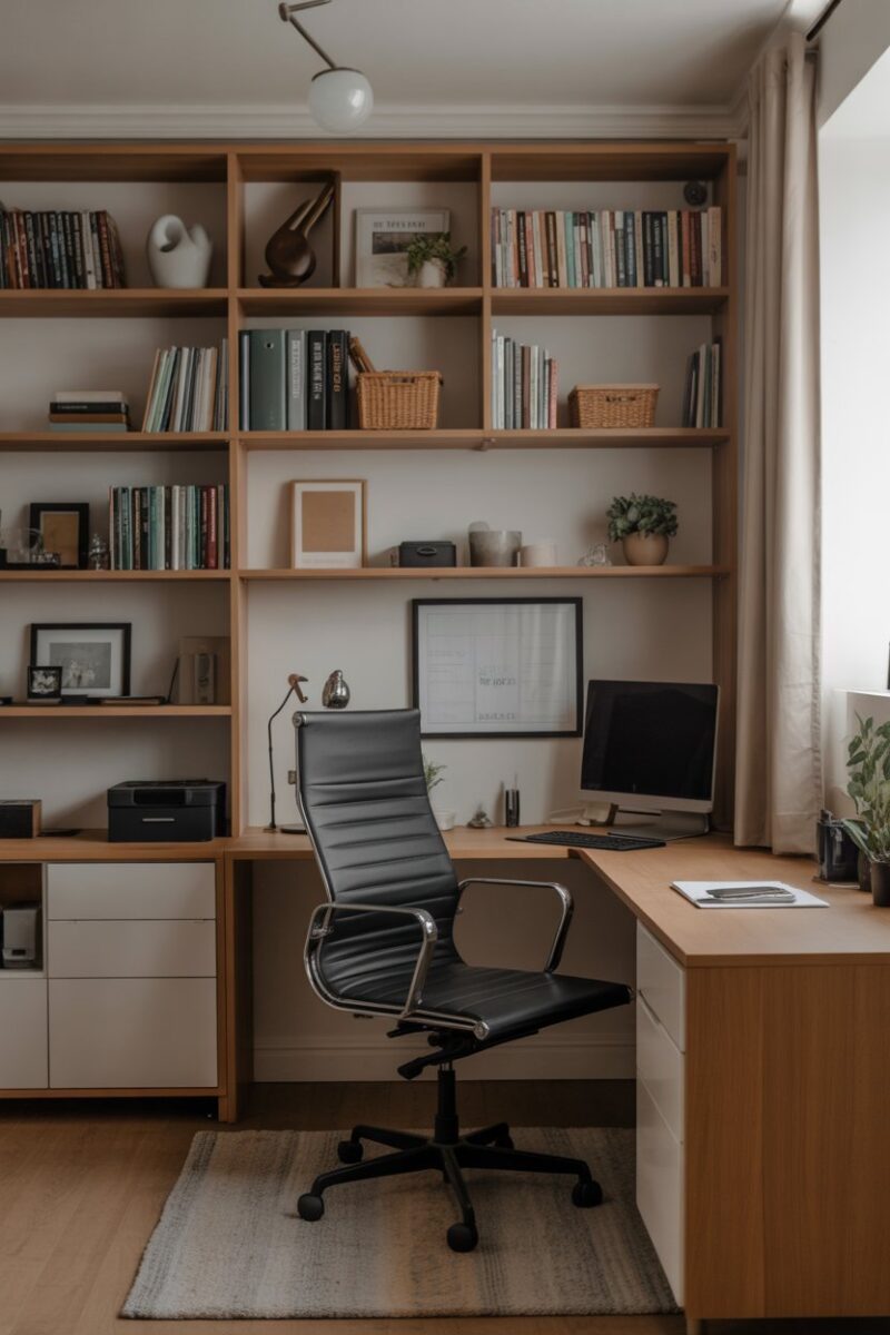 A well-organized home office with bookshelves, a desk, and various office supplies.
