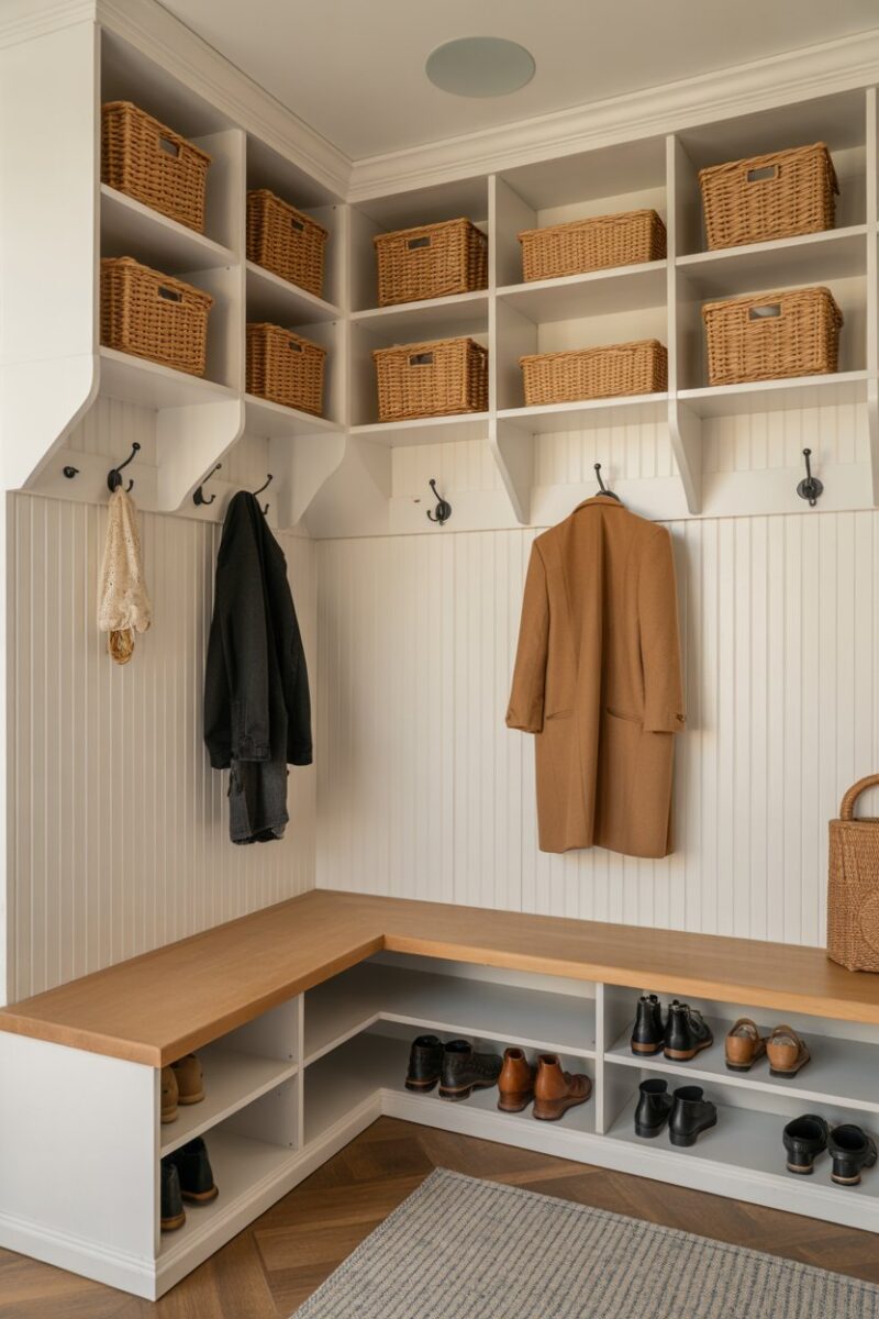A well-organized mudroom with hooks for coats and shelves for shoes.