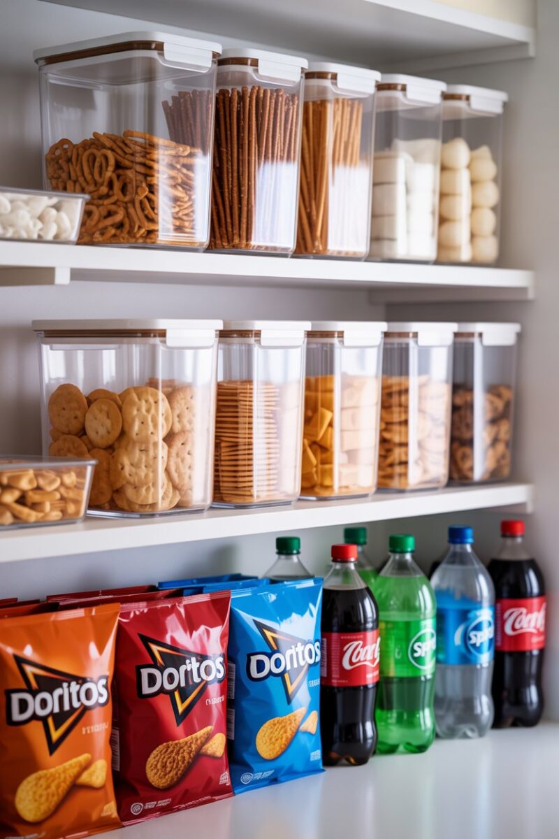 A well-organized pantry shelf with various snacks in clear containers and bags.