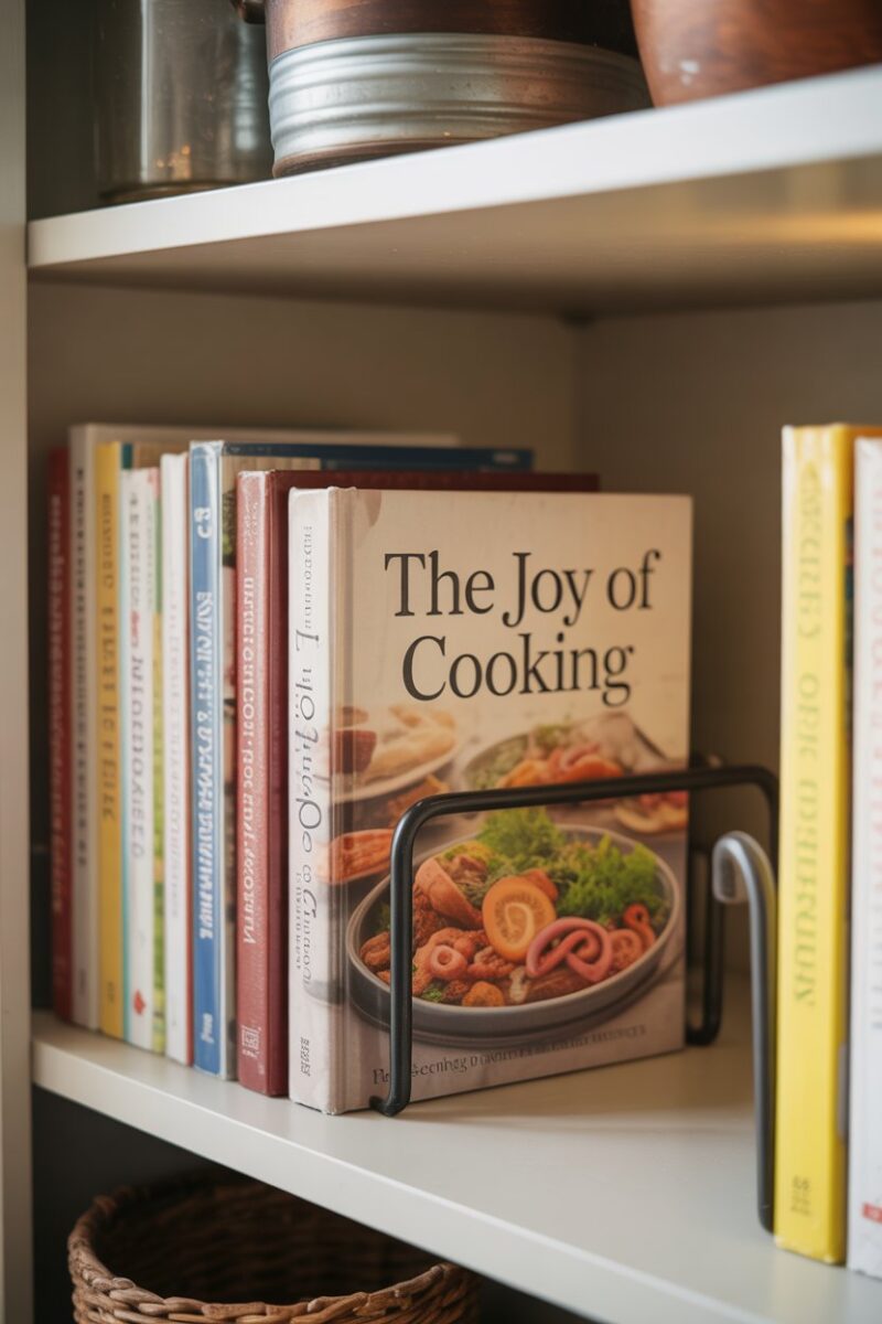 A well-organized pantry shelf featuring a recipe book holder with various cookbooks.