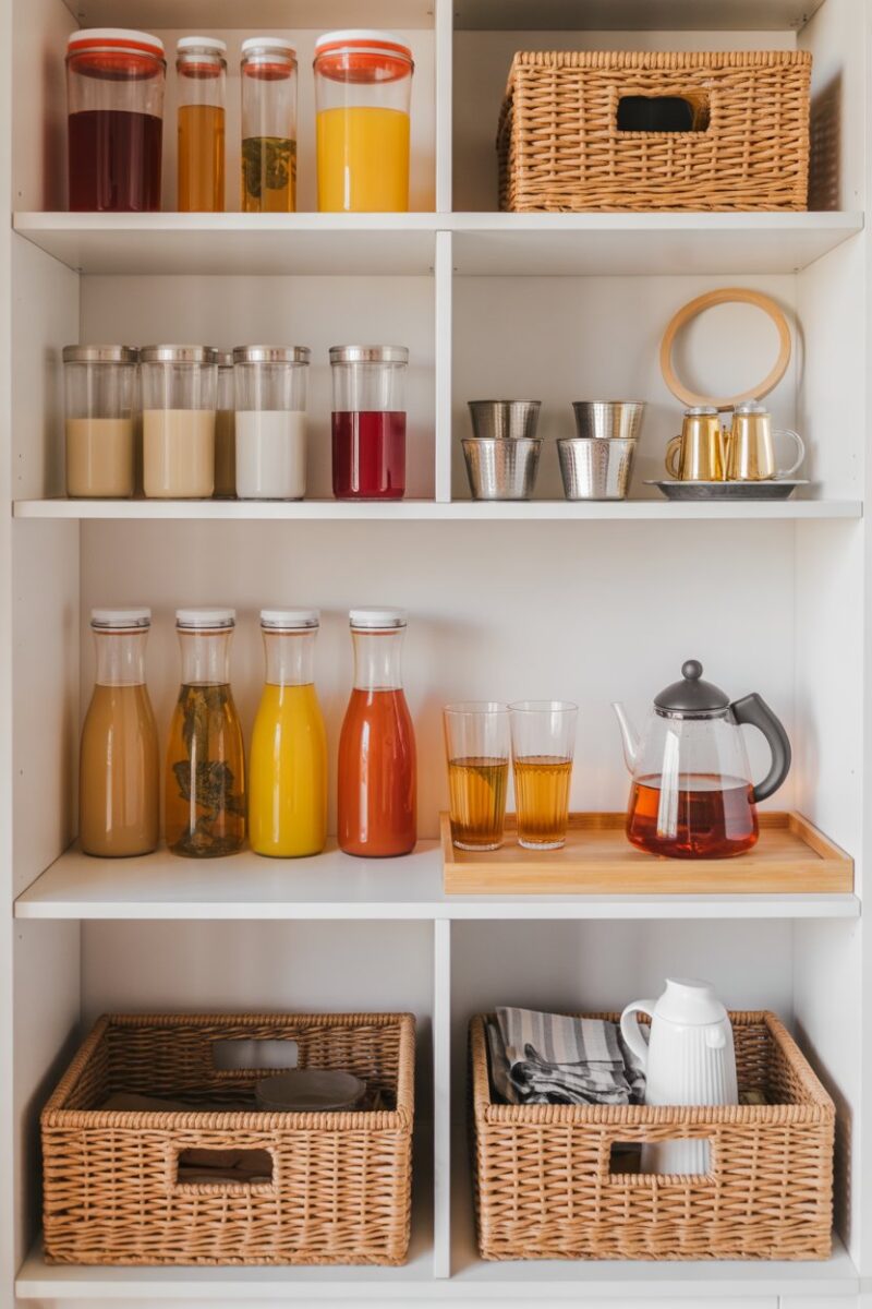A well-organized pantry shelf with various beverages in clear containers and a teapot.