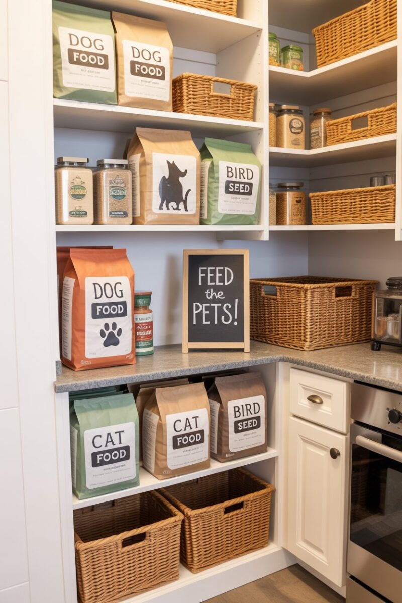 A well-organized pantry with a designated area for pet food, including bags of pet food and a chalkboard sign that says 'Feed the pets!'