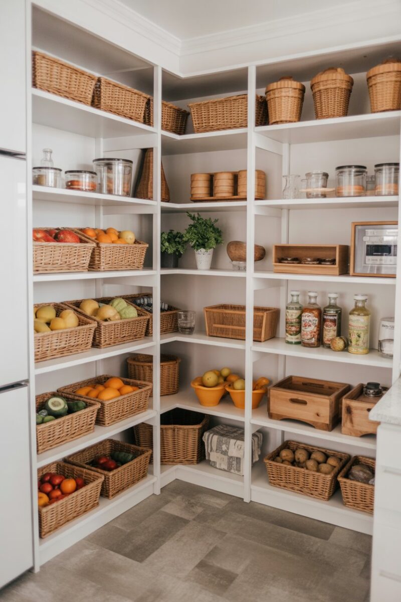 A well-organized pantry with fresh produce like fruits and vegetables neatly arranged on shelves.