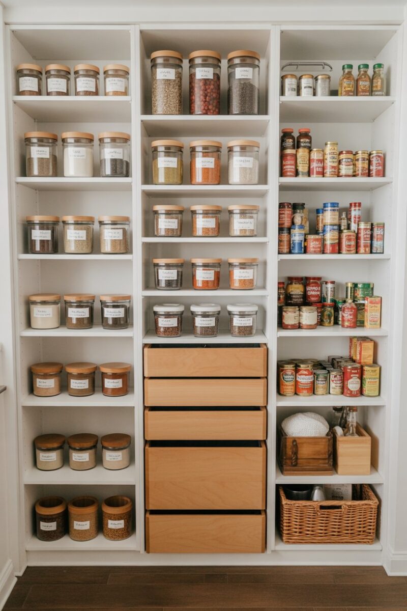 A well-organized pantry with labeled containers and neatly arranged spices and canned goods.