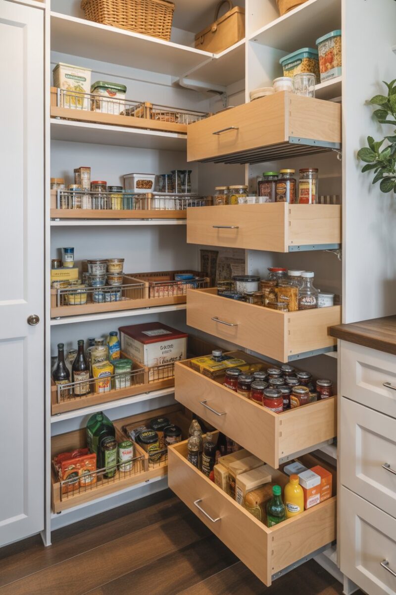 A well-organized pantry with pull-out drawers filled with various food items.