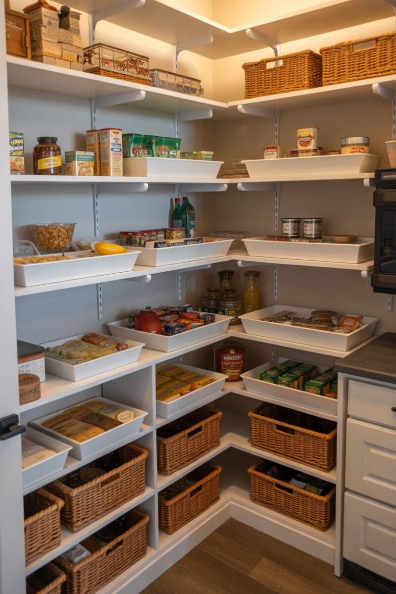 A well-organized pantry with shelf risers displaying various food items.