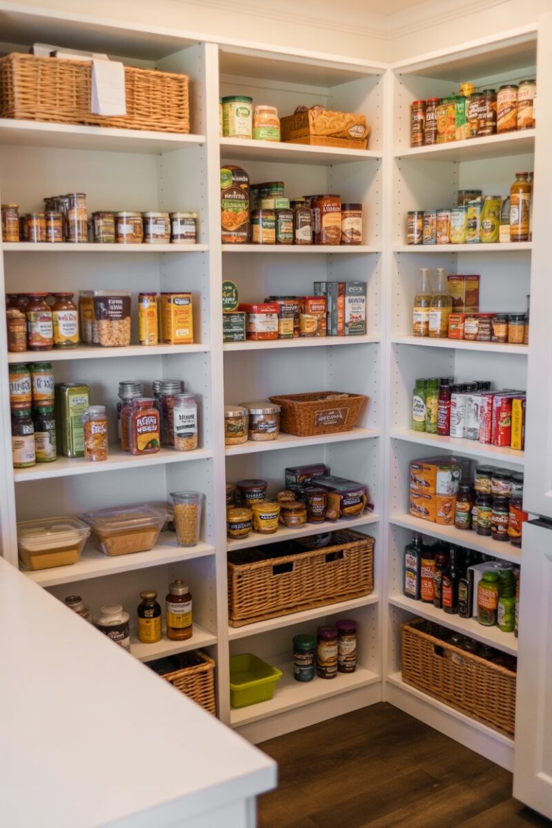 A well-organized pantry with various food items, including healthy snacks and ingredients for special diets.