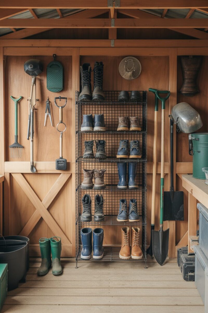 A well-organized shed with a shoe rack displaying various gardening boots and tools.