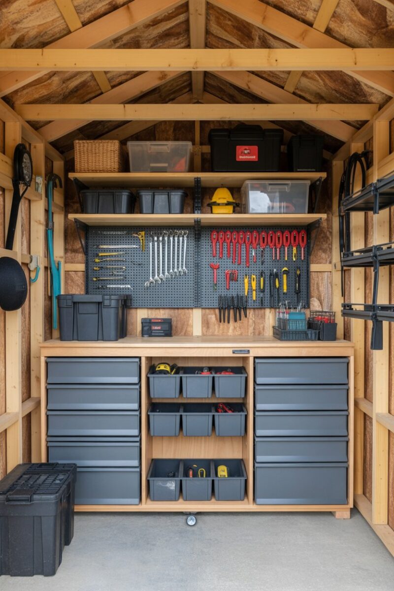 A well-organized shed with drawer organizers for small tools.