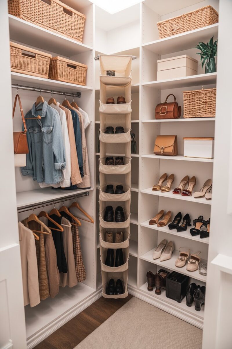 A well-organized small closet featuring hanging organizers for shoes and accessories.