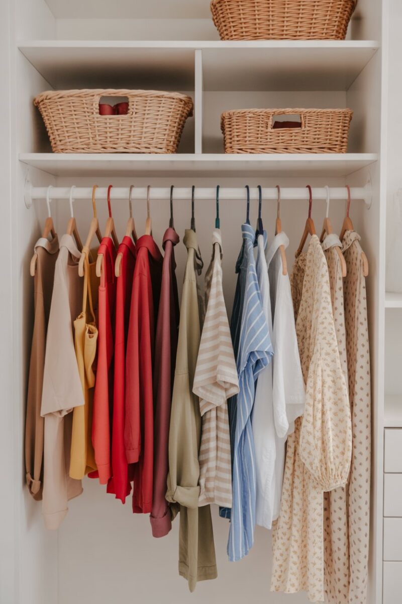 A well-organized small closet with clothes arranged by color on hangers.