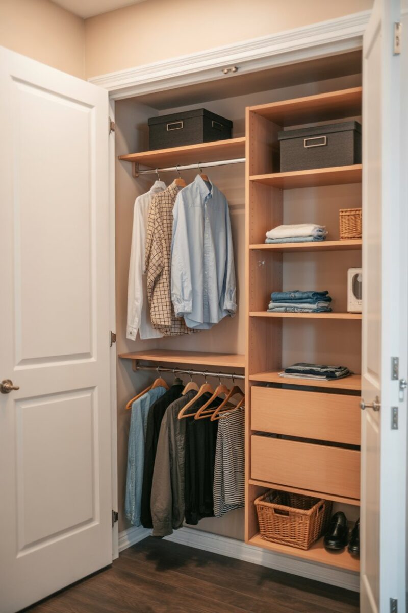 A well-organized small closet with shelves and hanging clothes.