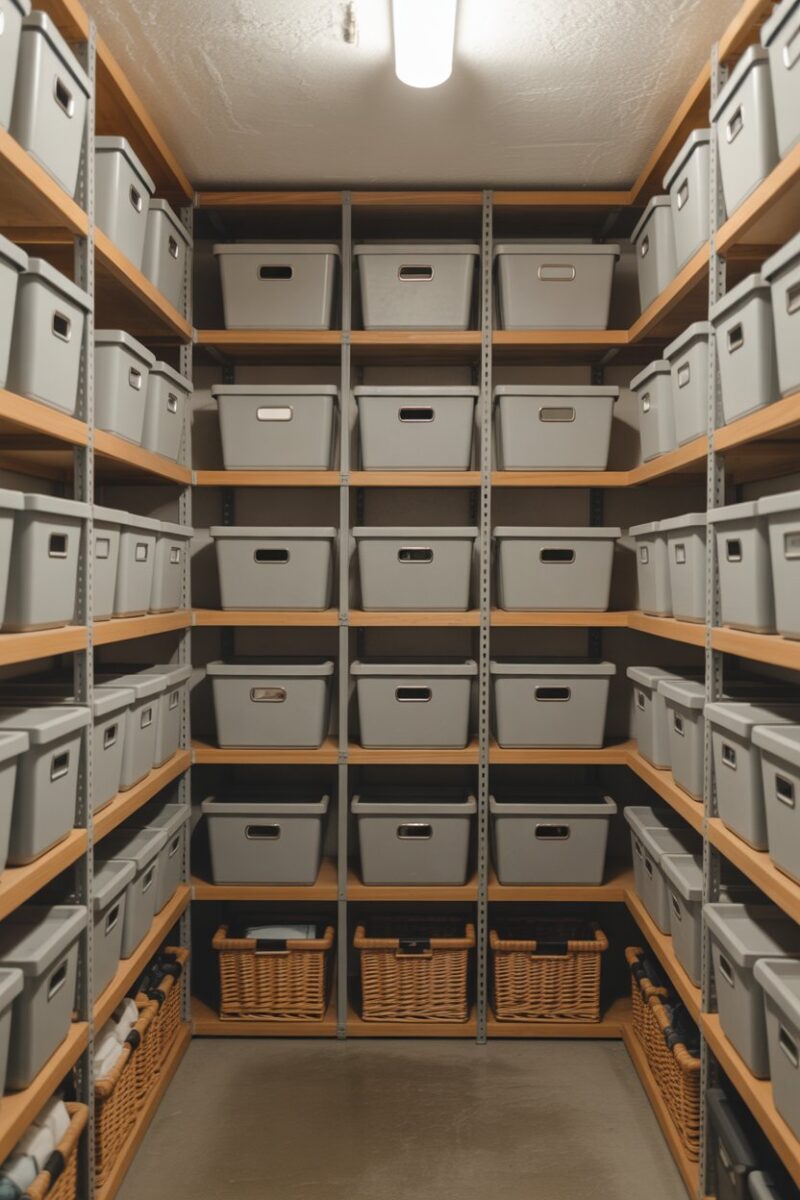 A well-organized storage room filled with stackable storage bins on shelves.