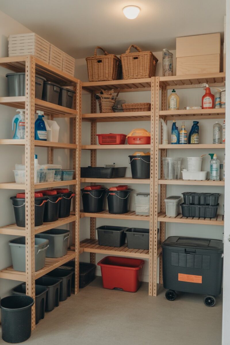 A well-organized storage room with cleaning supplies, buckets, and tools neatly arranged on shelves.