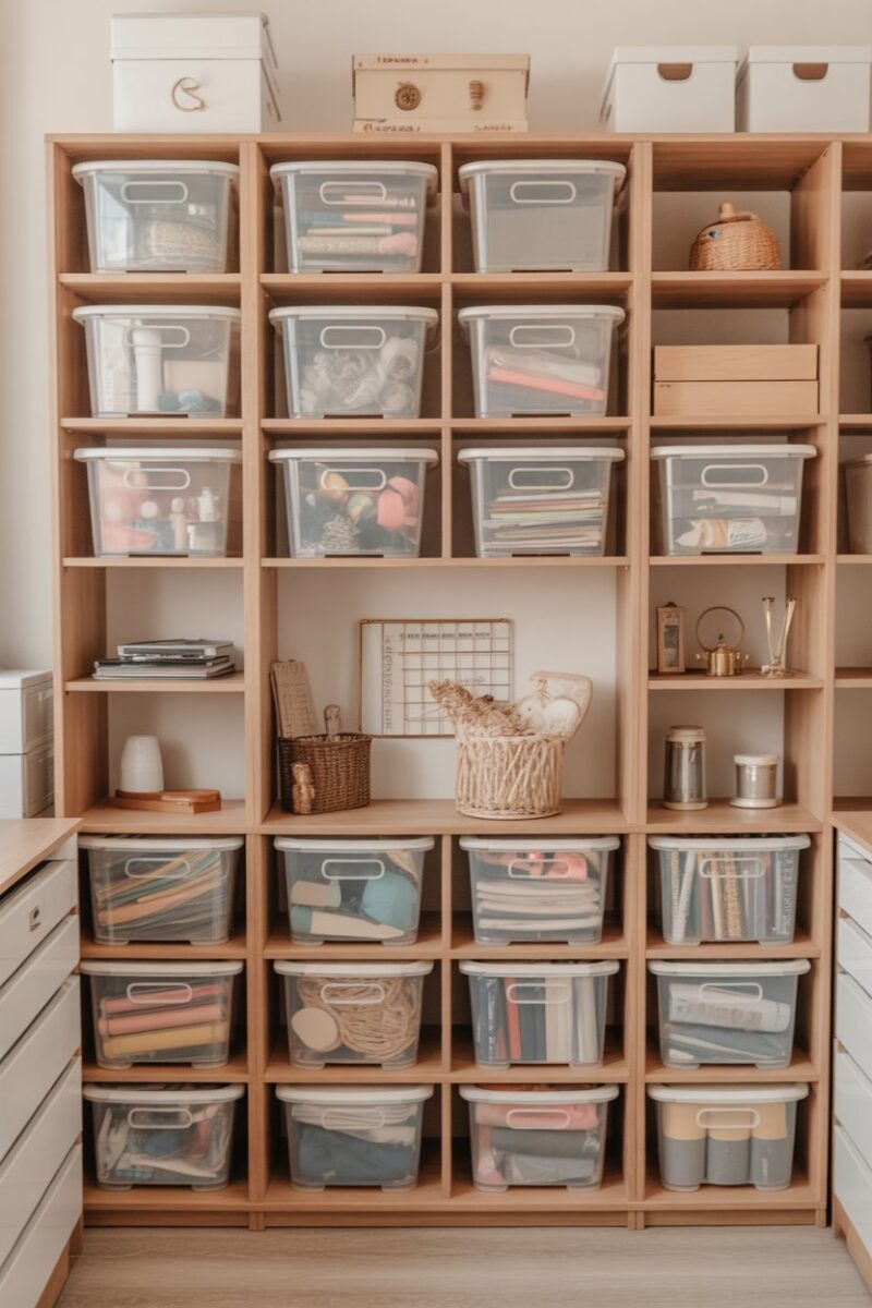 A well-organized storage room with clear bins filled with various craft supplies.