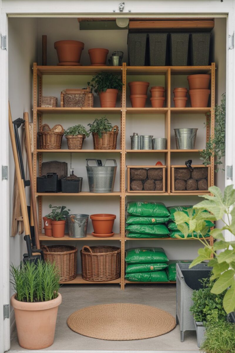 A well-organized storage room with gardening tools, pots, and soil bags.