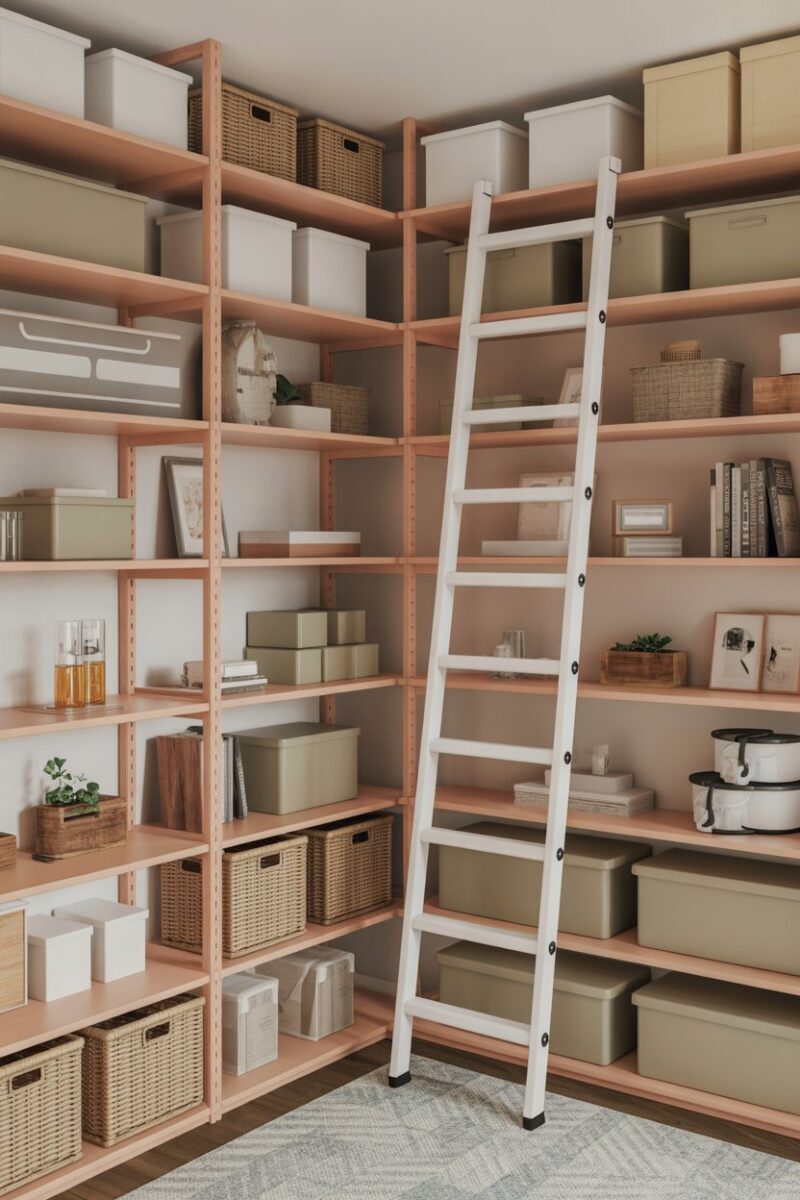 A well-organized storage room with ladders and shelves.