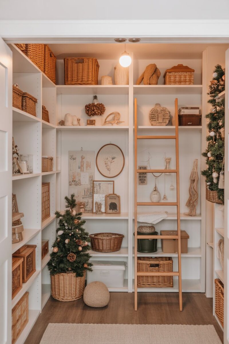 A well-organized storage room with seasonal decorations on shelves and a ladder.