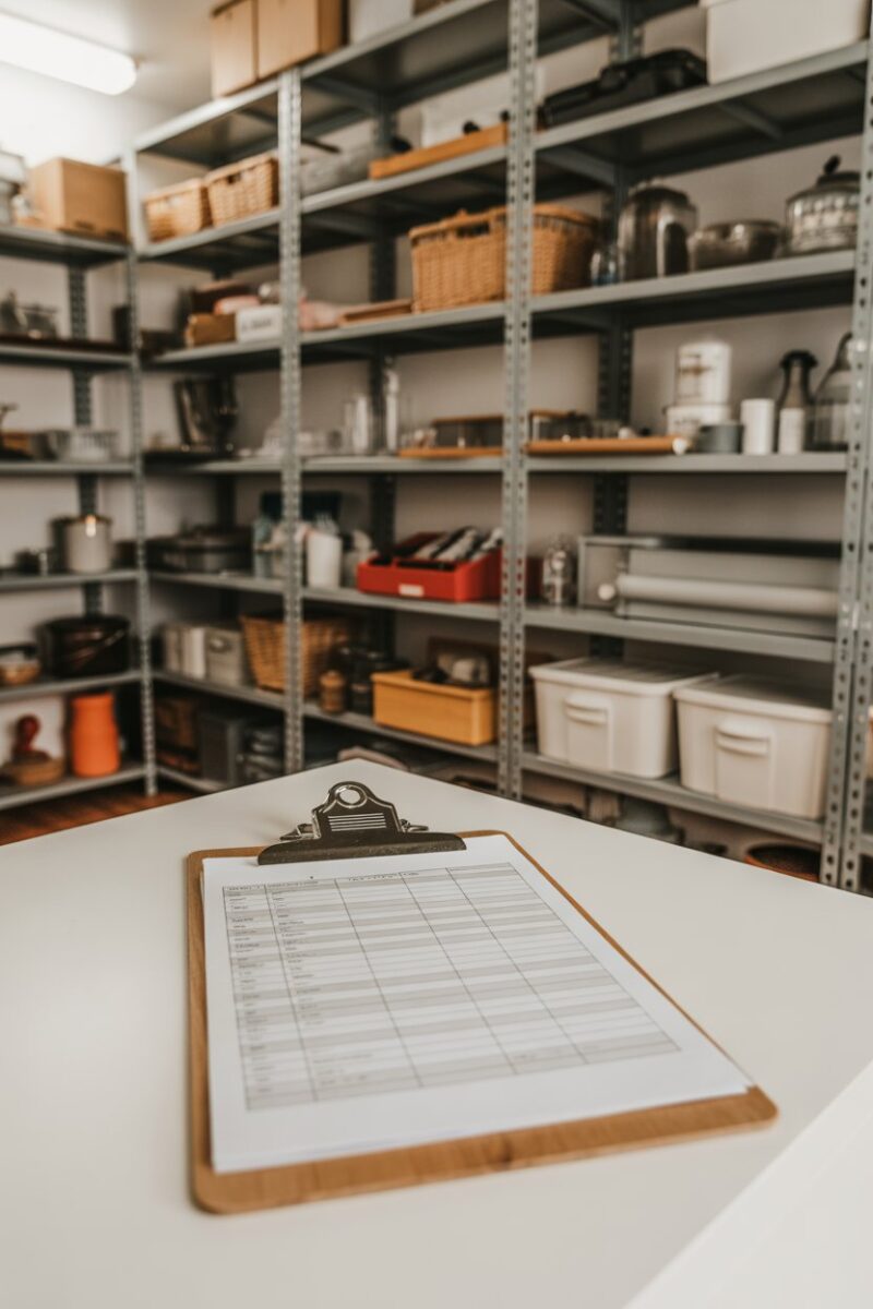 A well-organized storage room with shelves filled with various items and an inventory list on a clipboard.