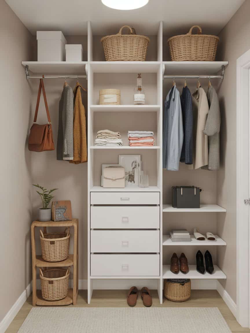 A well-organized small closet with shelves holding bags, clothes, and shoes.