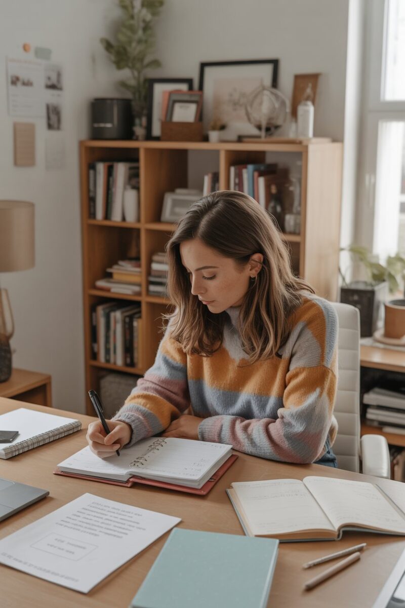 A person reviewing a cleaning schedule at a desk with books and notes.