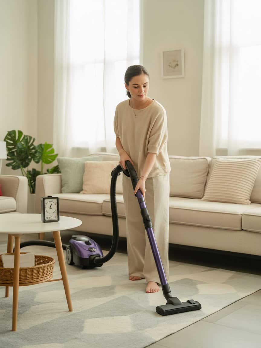 A woman vacuuming her living room with a timer set nearby.
