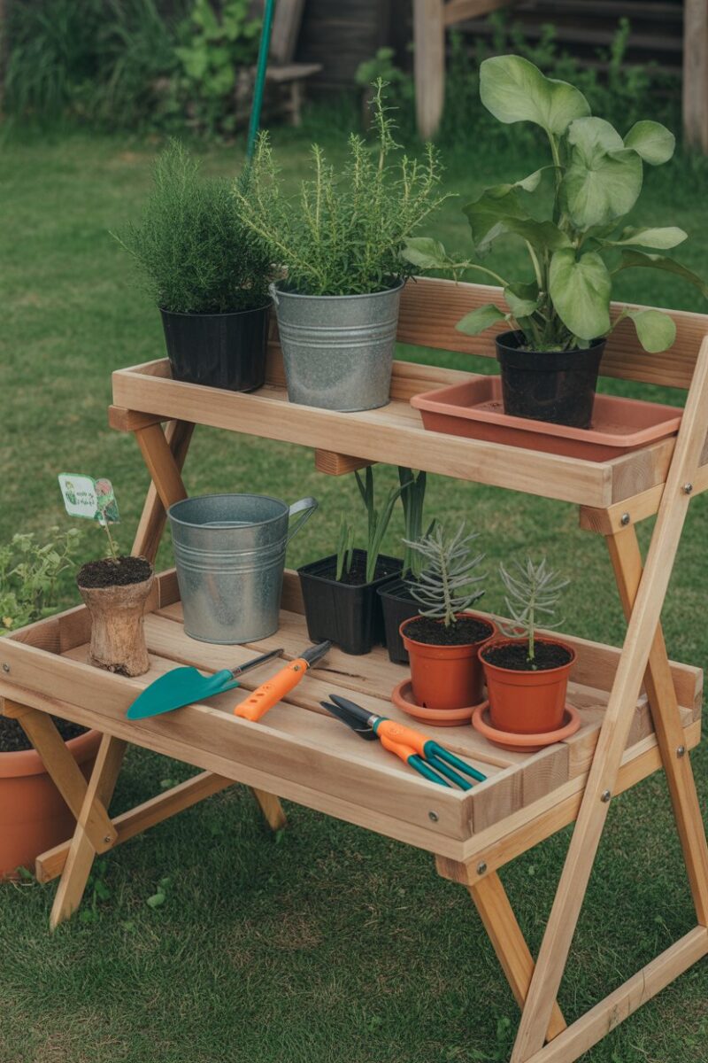 A wooden gardening station with colorful tools and potted plants.