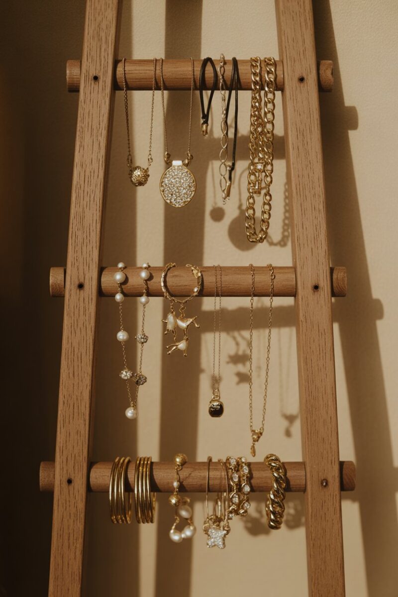 A wooden ladder displaying various pieces of jewelry, including necklaces and bracelets.